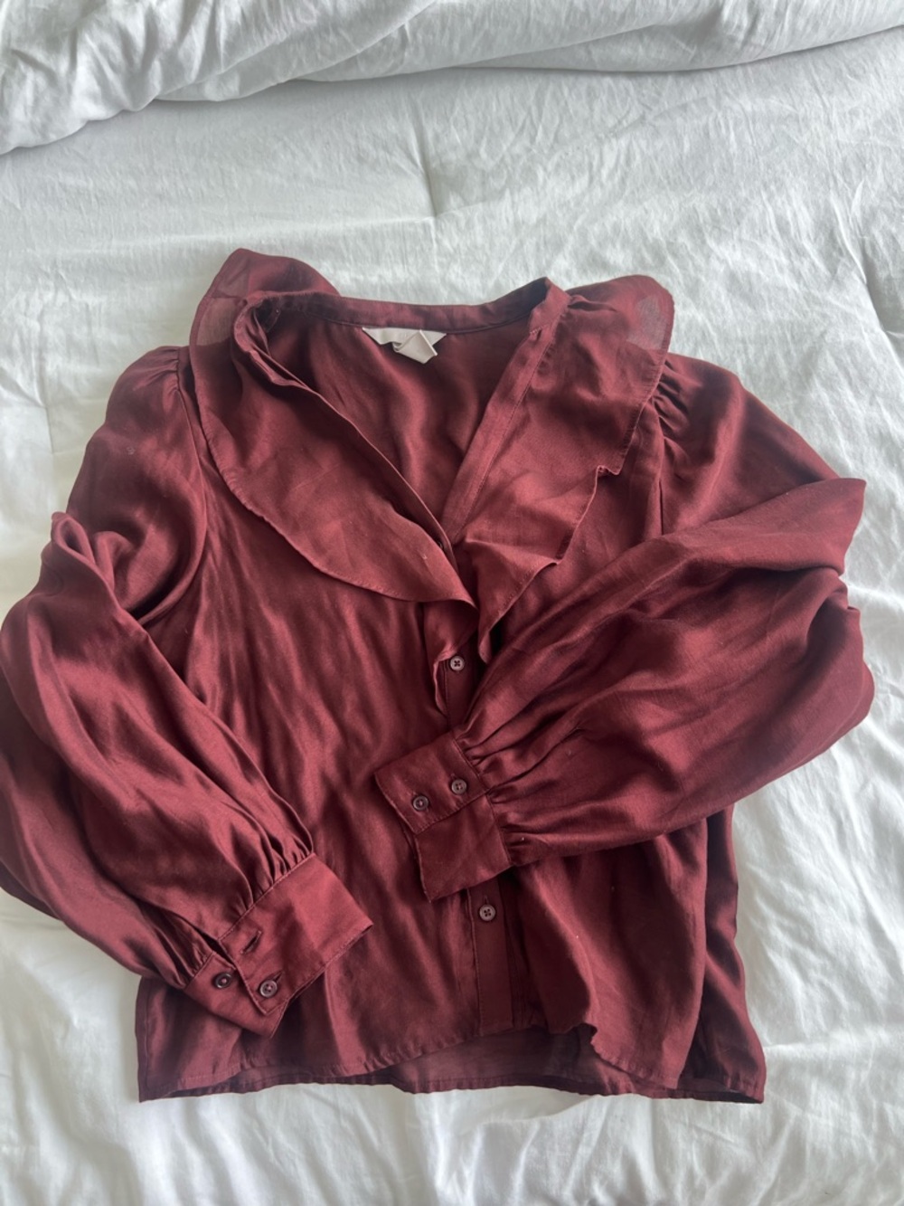 H&M Burgundy Ruffle Collar Button-Down Blouse